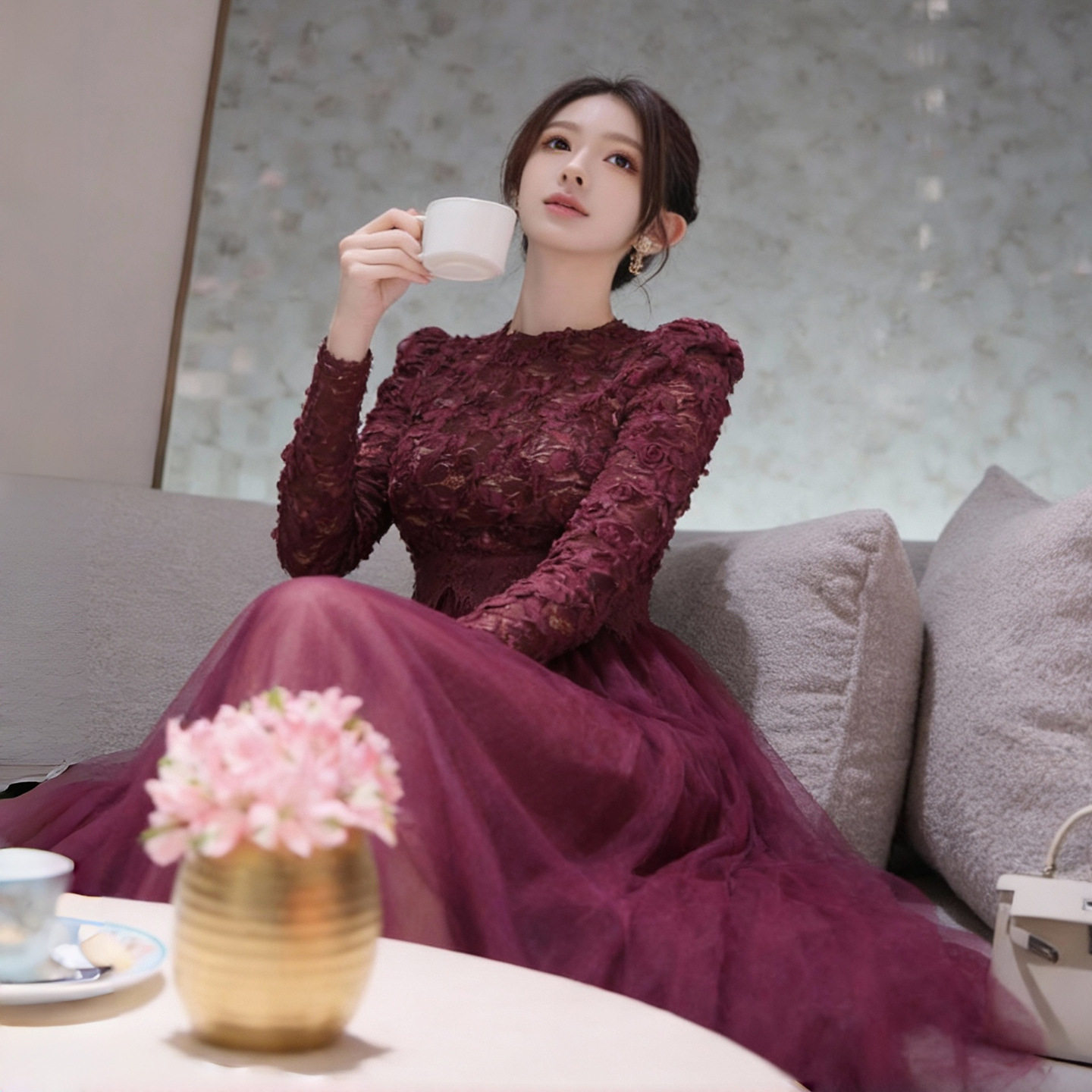 春装新款女装法式圆领蕾丝拼接