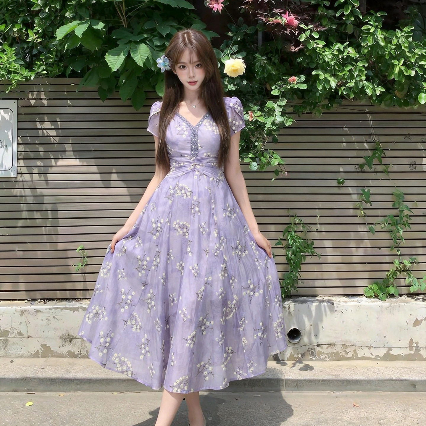 V领水钻泡泡袖紫碎花收腰裙
