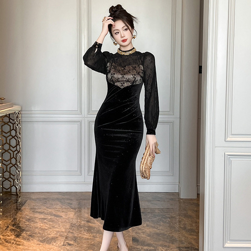 丝绒晚礼服秋冬装新款女重工镶钻