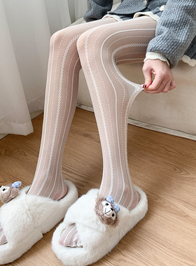 复古麻花条纹蕾丝白色女士丝袜春秋款天鹅绒防勾丝连裤袜秋季甜美