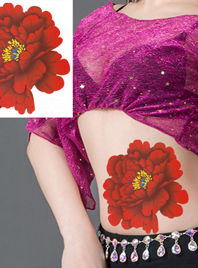 红色牡丹花大图纹身贴防水女持久性感写真古风后背大腿花臂遮疤痕