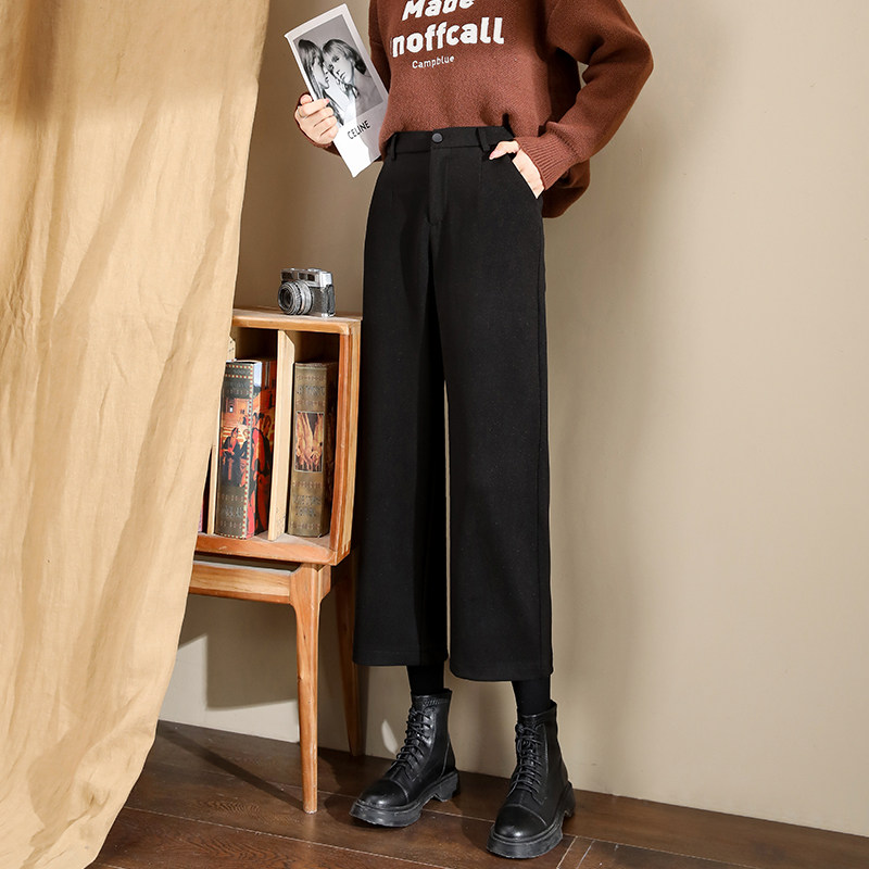 毛呢马丁靴裤子搭配女秋冬加绒小个子八分九分直筒阔腿裤遮胯显瘦