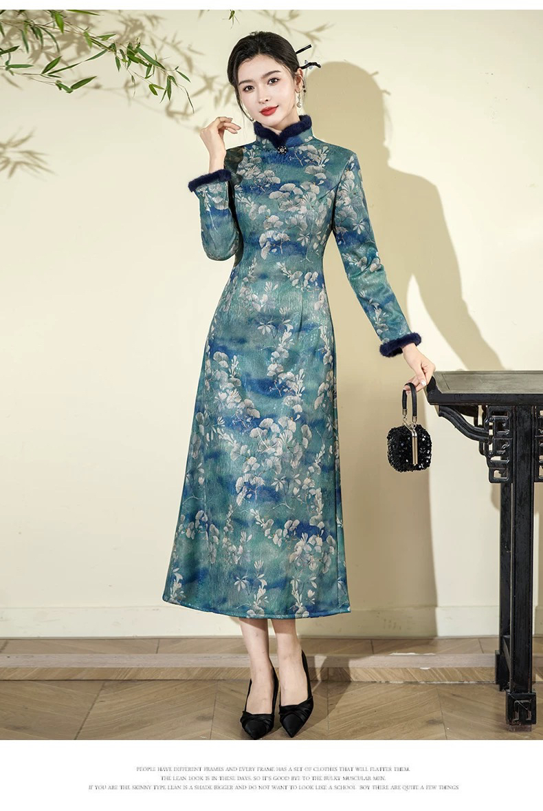 蓝色冬款加绒加厚A版旗袍年轻长袖保暖秋冬装毛领日常连衣裙DXJ