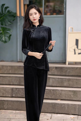 新中式丝绒旗袍套装女春秋民国风日常可穿唐装上衣裤子两件套GSJ