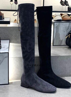 2024新款高靴90900086弹力靴高筒低跟方头过膝长筒绑带瘦瘦靴女鞋
