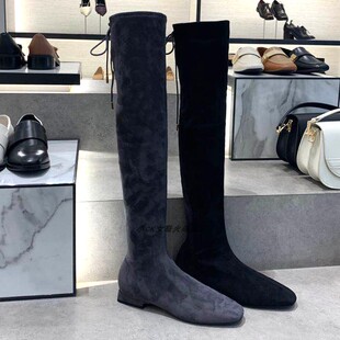 2024新款 高靴90900086弹力靴高筒低跟方头过膝长筒绑带瘦瘦靴女鞋