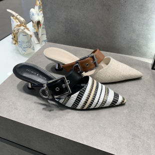 中跟尖头一脚蹬酒杯跟懒人半拖鞋 2026春夏新款 外穿编织包头穆勒鞋