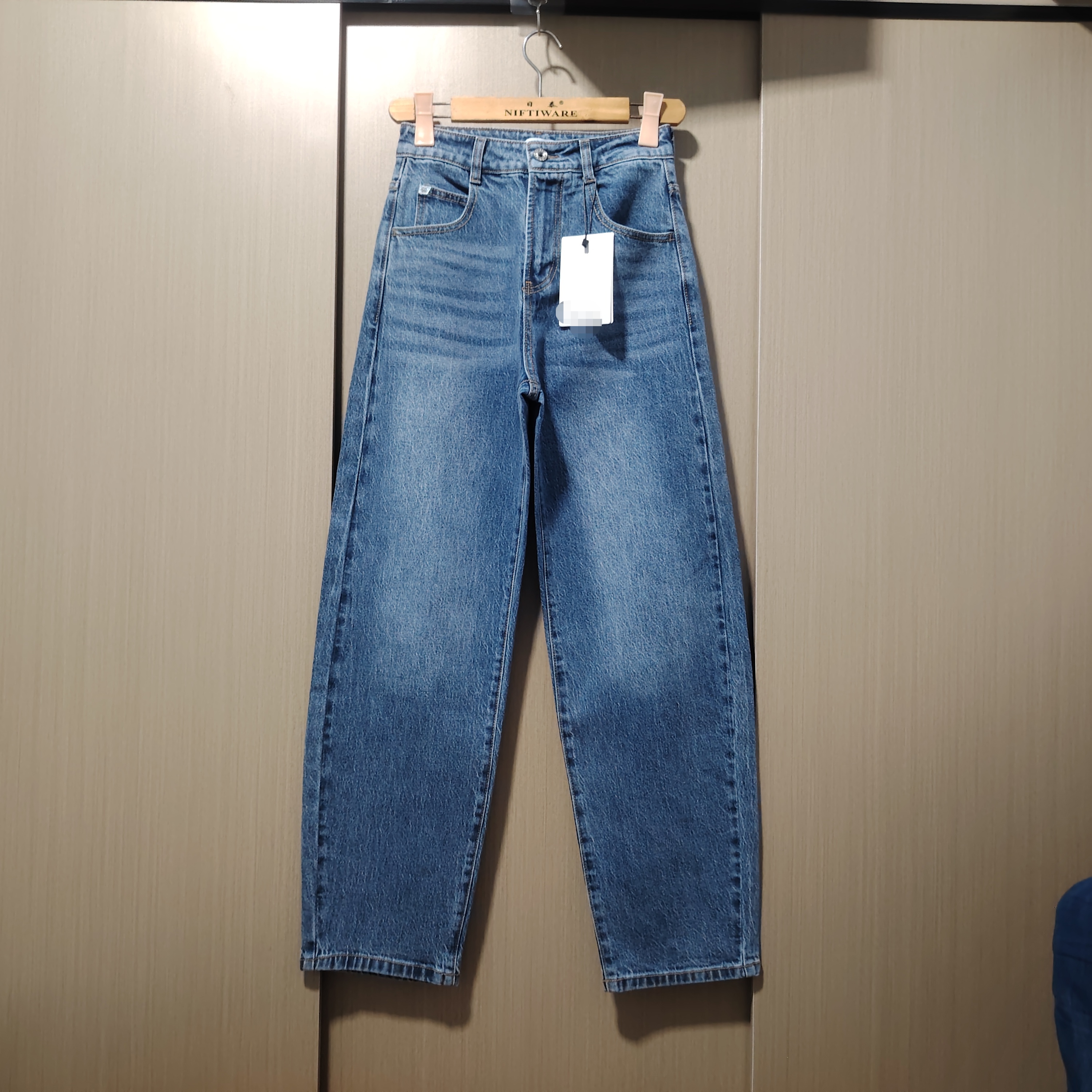 秋季新款女弹力高腰宽松直筒弯刀萝卜裤牛仔裤女