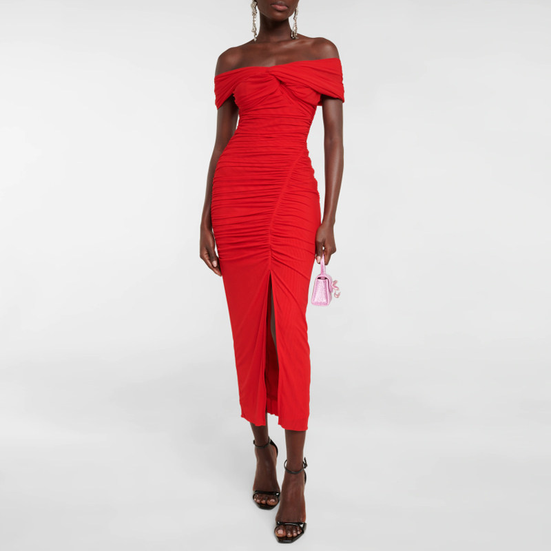 优雅晚礼服一字肩中长裙2026新款时尚新娘女生日派对小礼服连衣裙