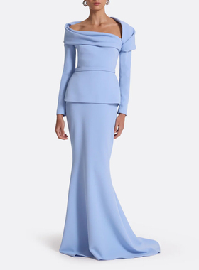 天蓝色晚礼服走秀红毯舞台表演服装团体妈妈装高级质感宴会连衣裙