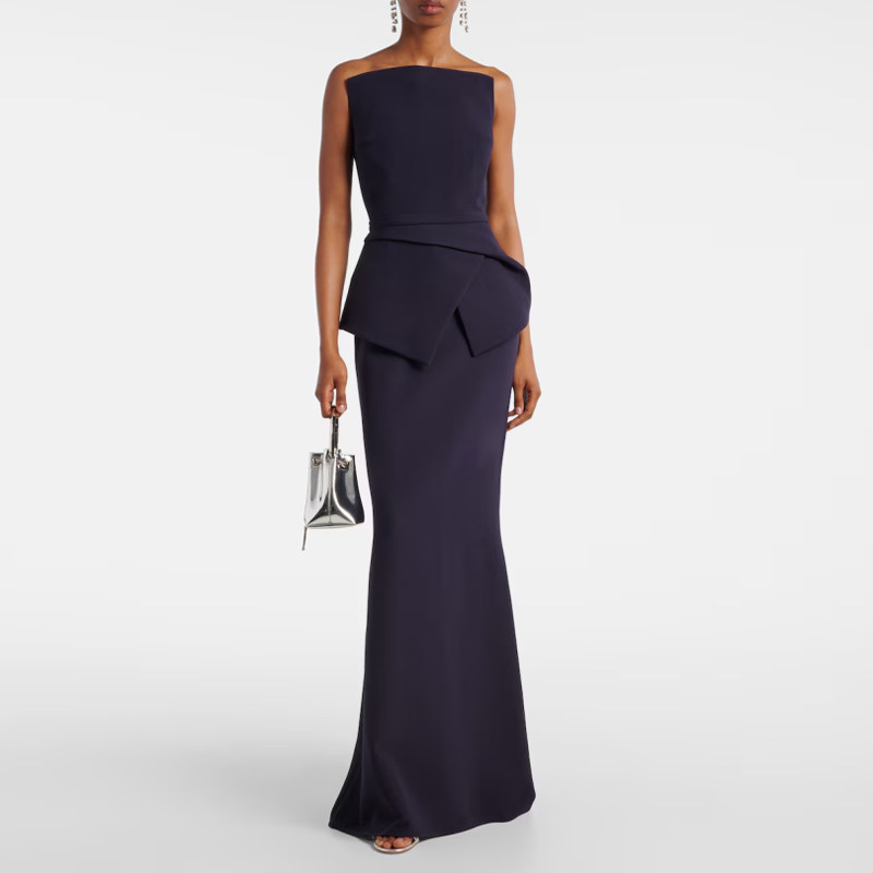 藏青色晚礼服个性小众气质高级质感抹胸年会晚宴派对主持连衣裙长