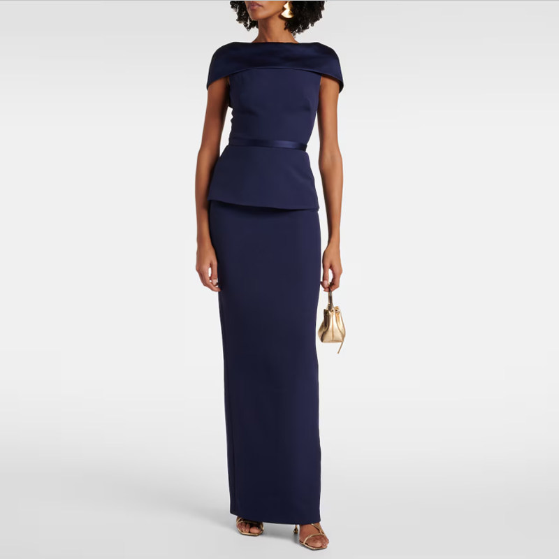 藏青色晚礼服长裙一字肩年会女妈妈装2025新款高级质感派对连衣裙