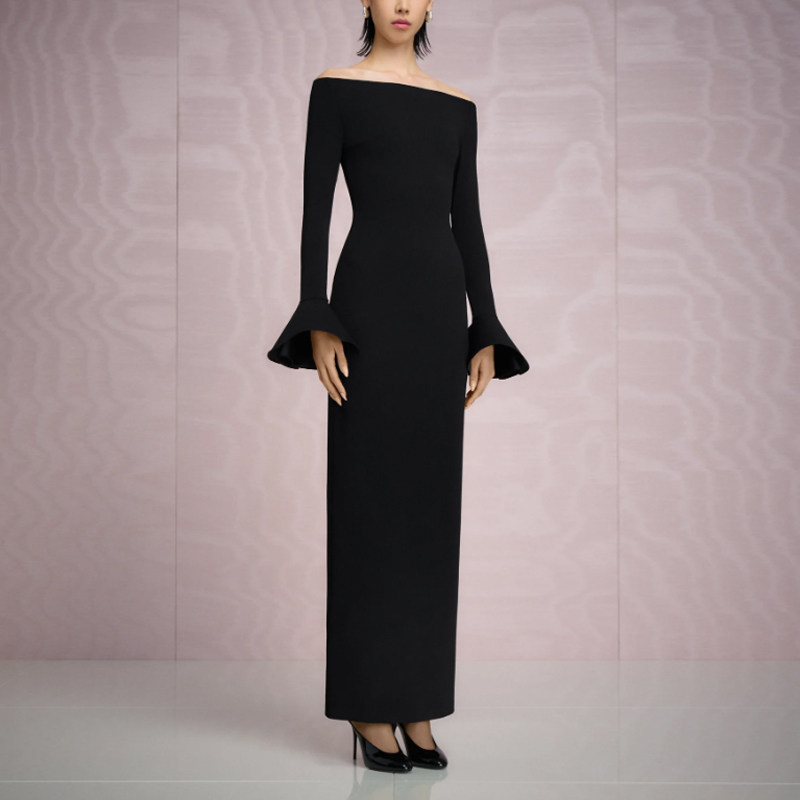 时尚喇叭袖长裙女显瘦一字肩2025新款高级质感年会晚宴派对连衣裙