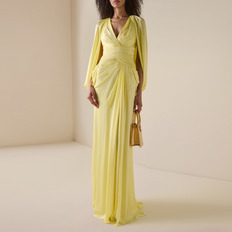 时尚大气晚装黄色长裙高级感