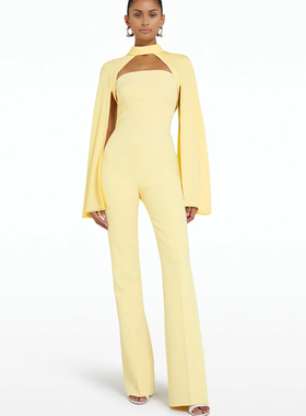 晚礼服套装淡黄色日常聚会名媛派对年会主持人长款裤子个性时尚女