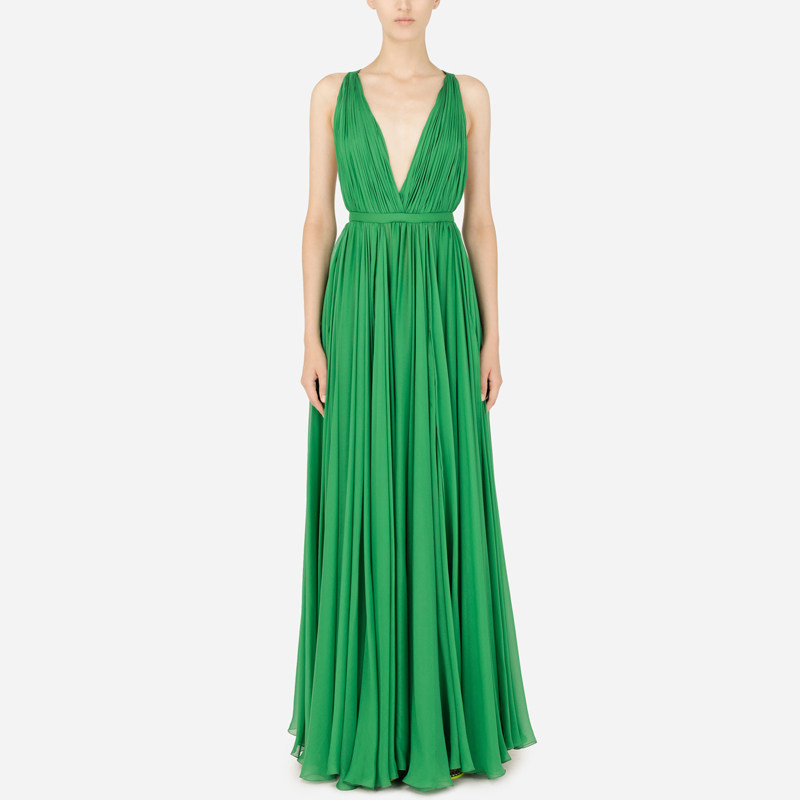 雪纺晚礼服绿色长裙性感低胸名媛生日女装派对夜宴连衣裙2026新款