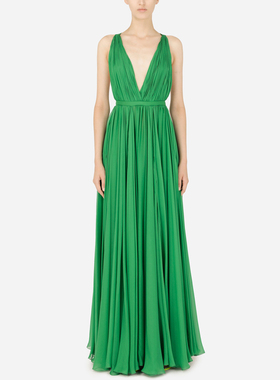 雪纺晚礼服绿色长裙性感低胸名媛生日女装派对夜宴连衣裙2026新款