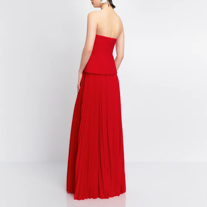 红色百褶裙长款高级质感新娘订婚敬酒服结婚派对主持年会连衣裙女