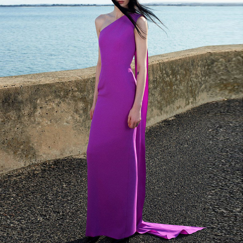 斜肩晚礼服长款2025新款网红派对抖音主持人舞台独唱连衣裙年会女