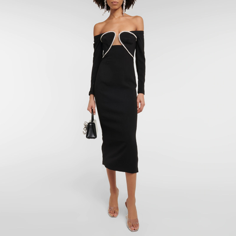 个性晚礼服中长裙时尚2024新款一字肩年会女生日派对小礼服连衣裙