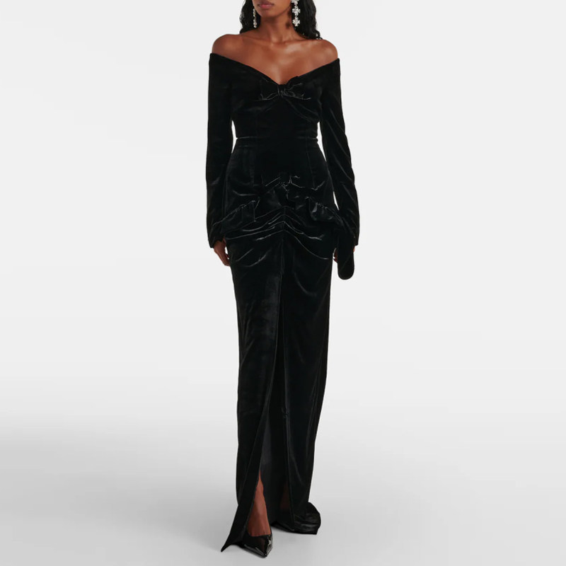 晚礼服一字肩长裙秋冬季丝绒个性舞台装妈妈年会晚宴连衣裙高级感