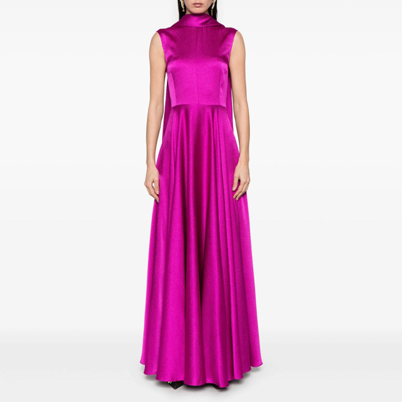 醋酸缎晚礼服玫红色长裙高端轻奢质感新娘敬酒服订婚派对连衣裙春