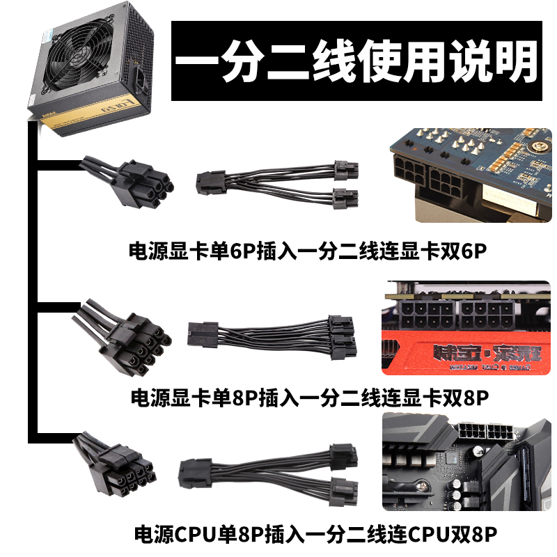 电脑主板CPU显卡6pin/8pin一分二1分2线单8P6P转双8P6P电源供电线