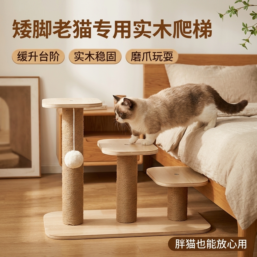猫爬梯猫抓柱一体实木家用三级登高辅助胖猫矮脚适用床边沙发解闷