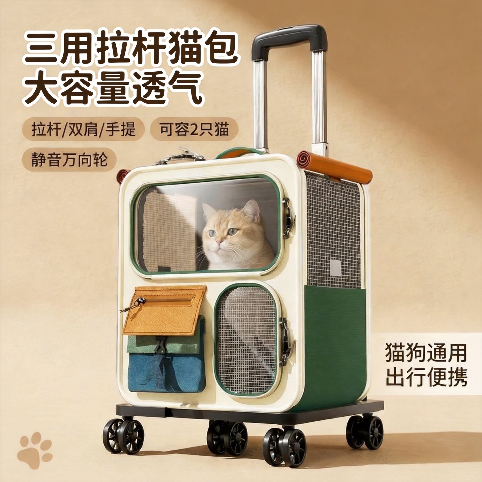 拉杆猫包双肩手提三用透气大容量万向轮可拆卸猫狗通用外出便携包