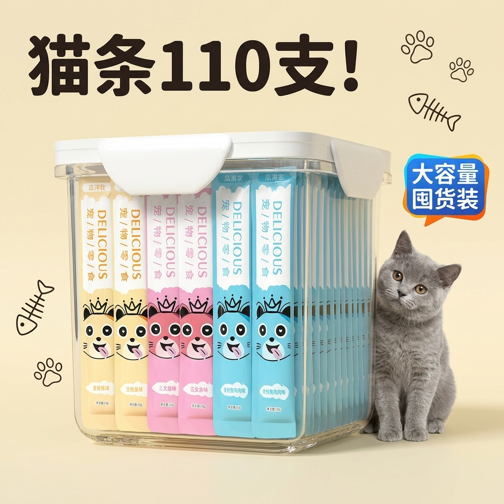 猫条 100支 / 110支桶装猫咪零食湿粮幼猫成猫营养增肥补水零食条