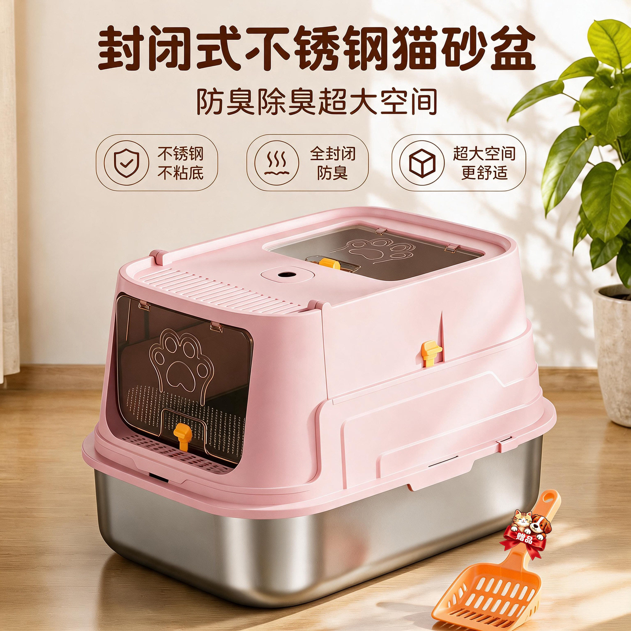 封闭式不锈钢猫砂盆全封闭防臭不粘底大空间抗菌易清理大号防外溅