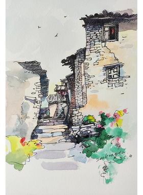 纯手绘钢笔淡彩水彩画书房卧室厨房挂画新中式古镇风景装饰画定制