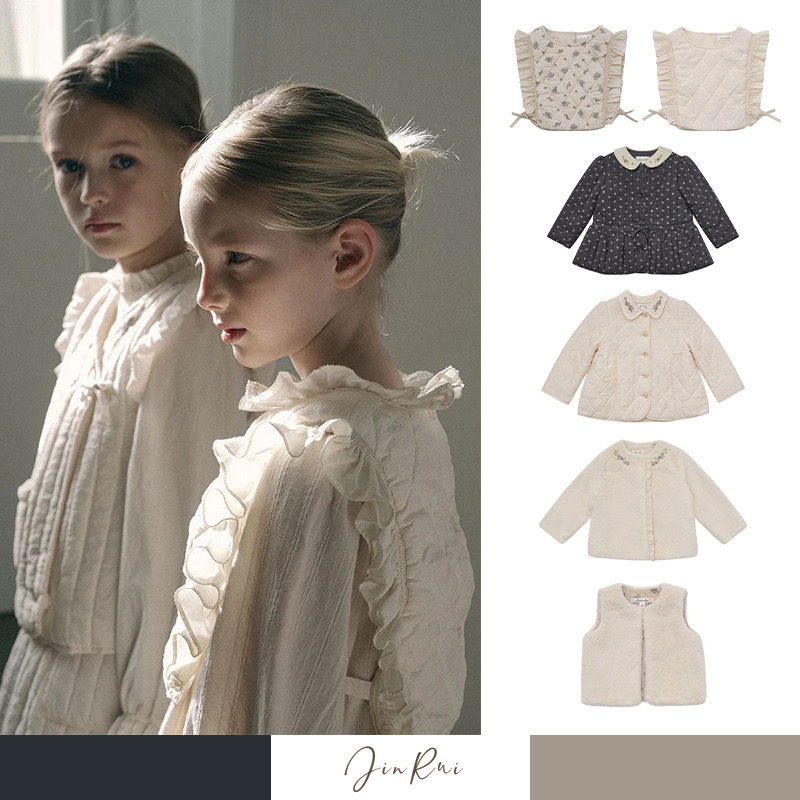 2024LOU毛毛外套长袖菱形格外套女童黑花棉服马甲外套儿童中厚款