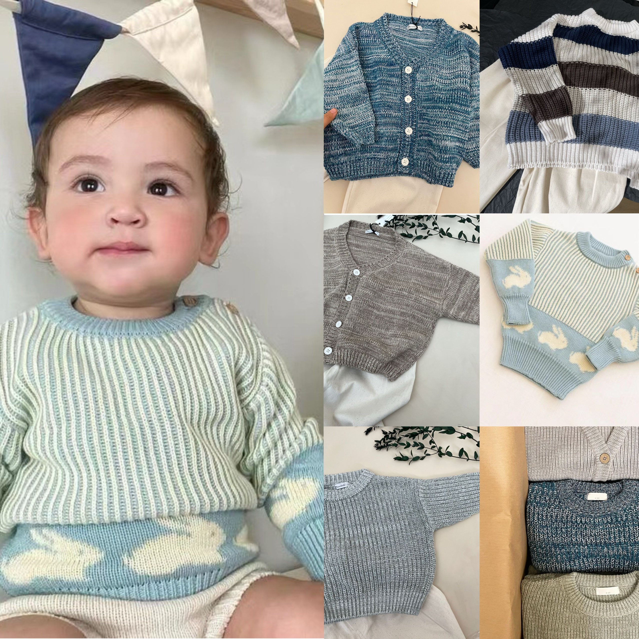 2024秋冬韩版男女童宝宝fin系列小兔子卡通针织衫毛衣牛仔裤套装