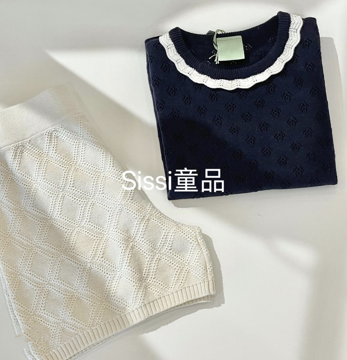 女童宝宝花边镂空短袖针织衫短裤