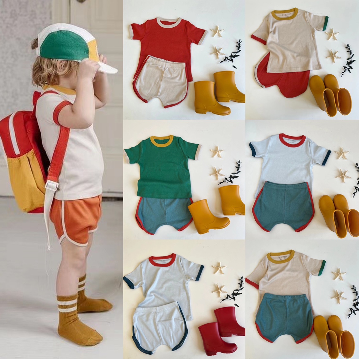 Spot-22 years fv series ins explosion cotton fabric color matching short-sleeved kindergarten T-shirt baby shorts suit