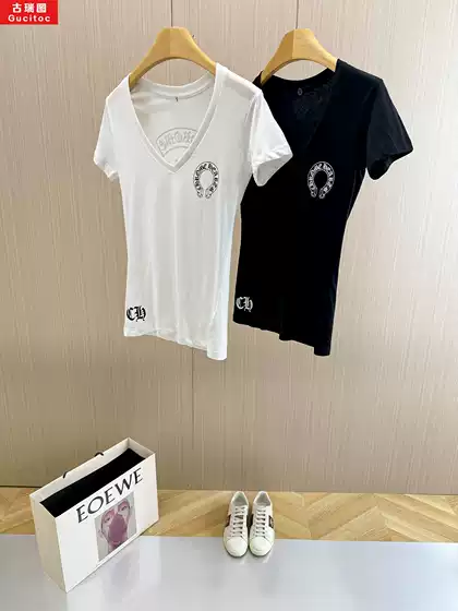 Gucitoc Is a Genius When It Comes to Matching! Sanskrit Cross Print V-Neck Short-Sleeved T-Shirt for Women, New Summer Slim-Fit Top