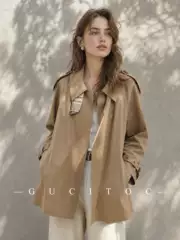 Gucitoc Is Elegant and Graceful! Khaki Lapel Mid-Length Trench Coat for Women, Fashionable Loose-Fitting Classic Coat with Belt
