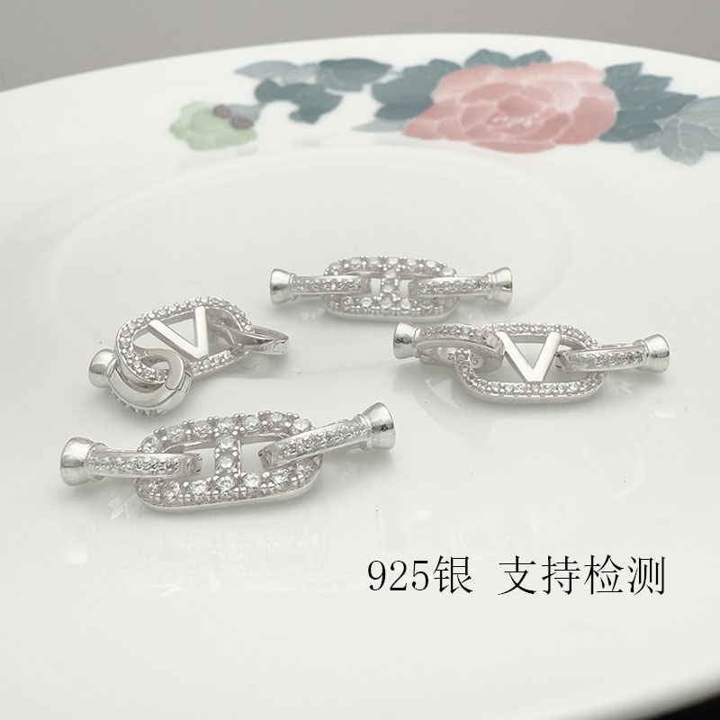 S925镶钻V字双头项链扣DIY