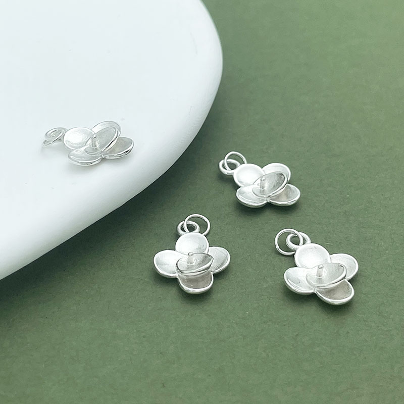 S925纯银四叶花蕊珍珠吊坠DIY