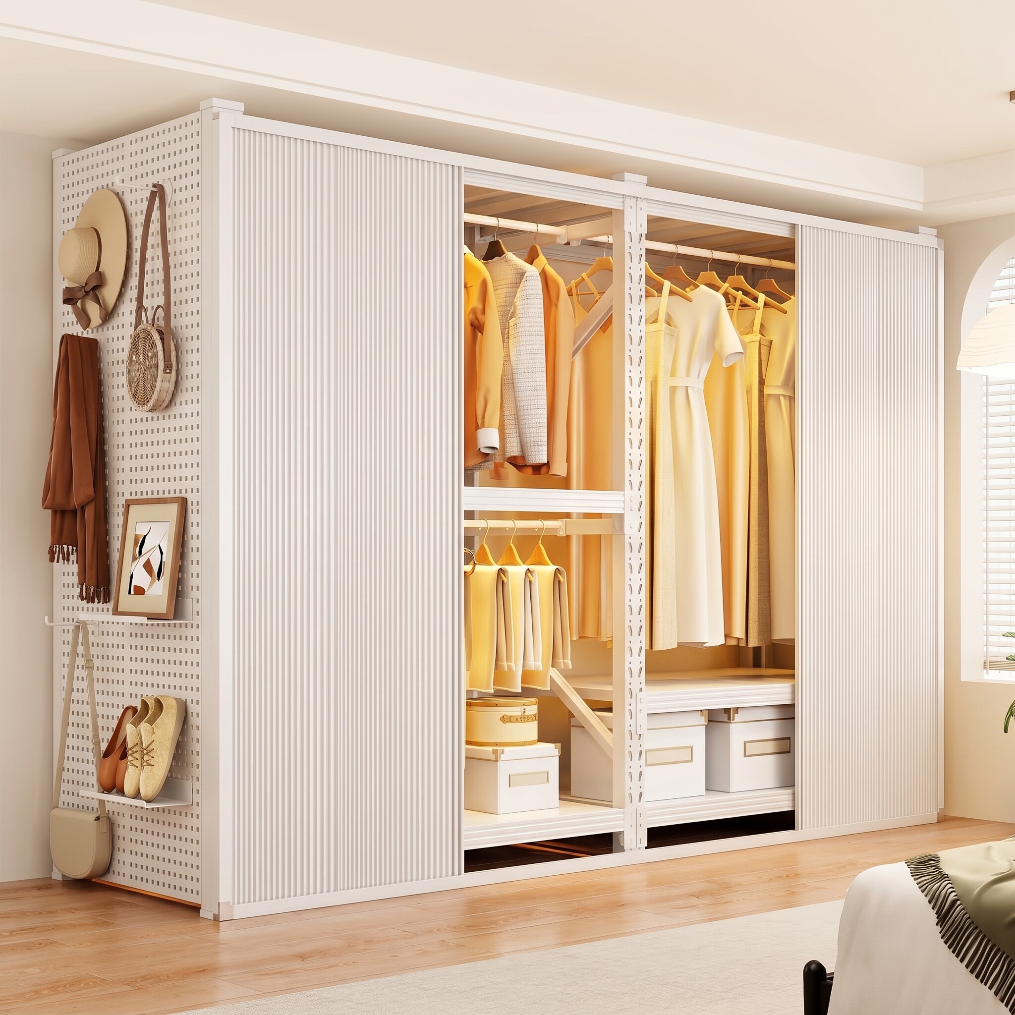 开放式货架衣柜家用卧室衣物收纳简易组装落地洞洞板防尘组合衣架
