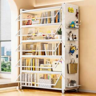 家用钢制书柜储物柜子带门儿童书架多层靠墙一体展示柜防尘收纳柜
