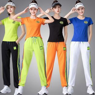 曳鬼步舞广场舞蹈服装新款套装纯棉夏短袖运动红色健身操男女衣服