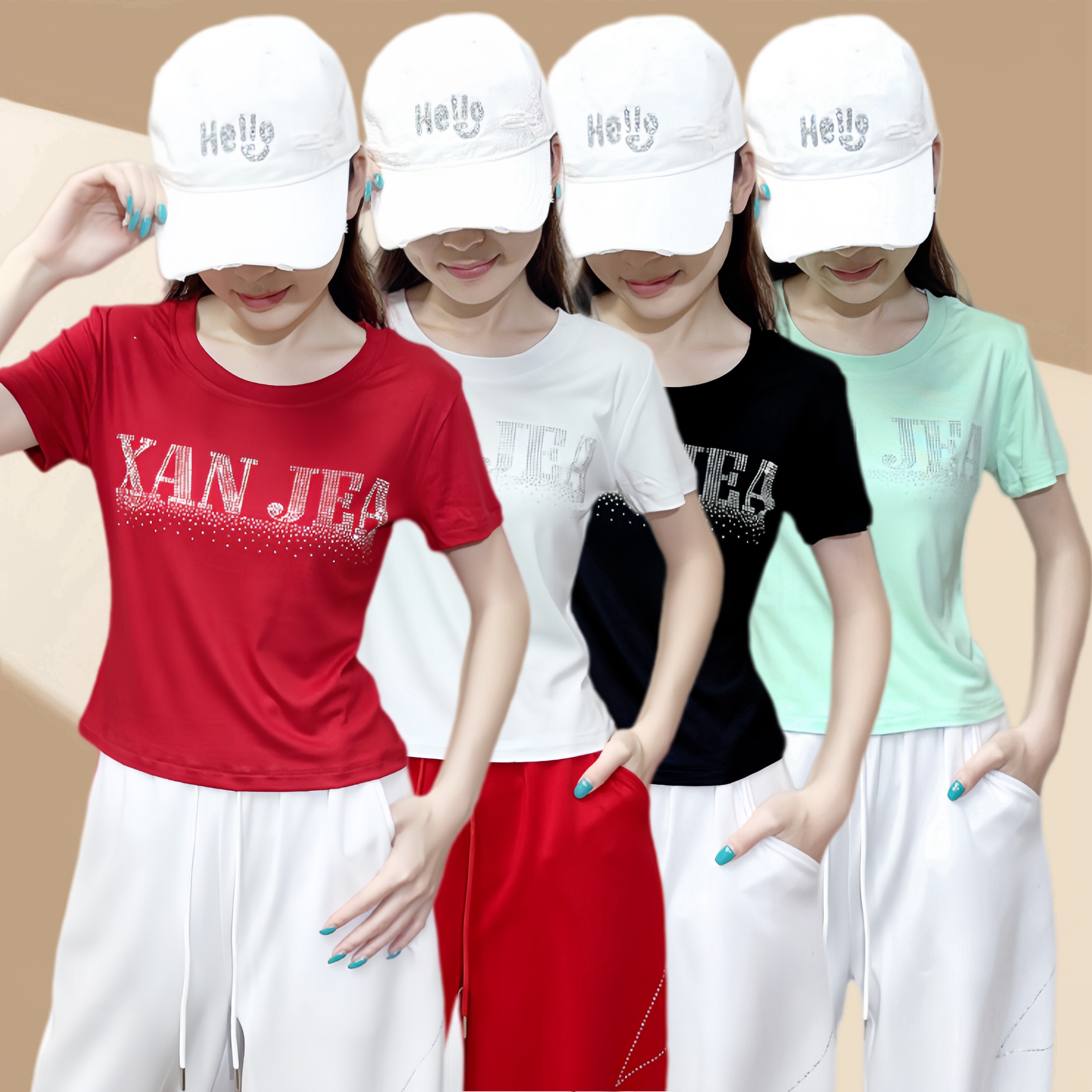网红夏广场舞烫钻短袖运动T恤女
