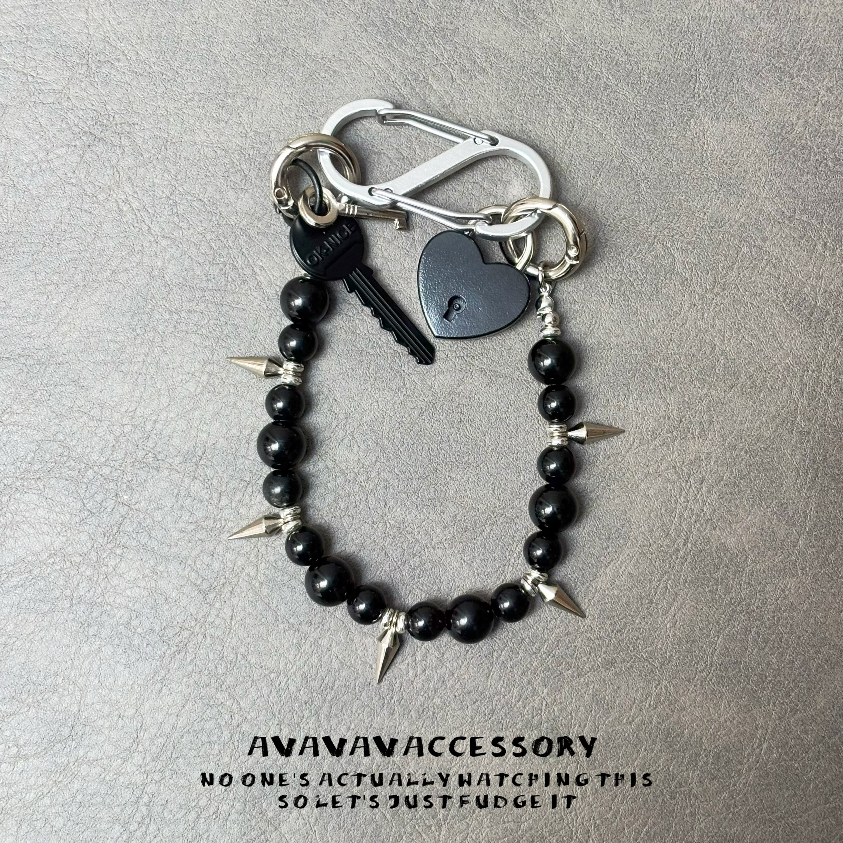 AVAVAV 原创设计黑曜石串珠尖钉爱心锁挂件钥匙扣个性创意包挂件