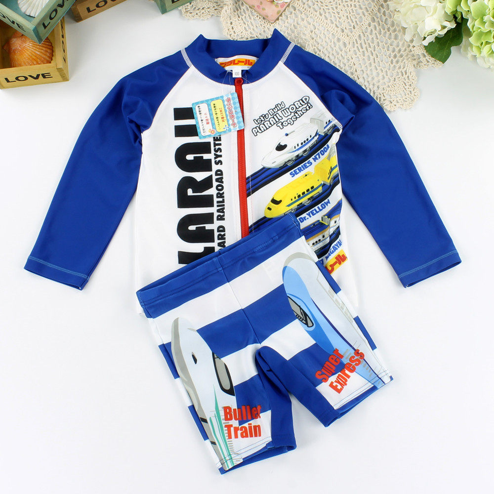 爆款外贸日单 男中小儿童新干线动车环保防遮晒拉链游泳上衣泳裤