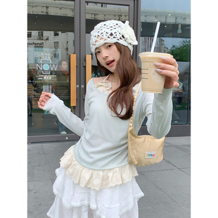 实拍实价纯欲风秋季 上衣设计感小众假两件花边拼接蝴蝶结T恤 新款