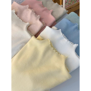 广州十三行女装高端欧货木耳边半高领针织打底衫浅奶黄色毛衣内搭