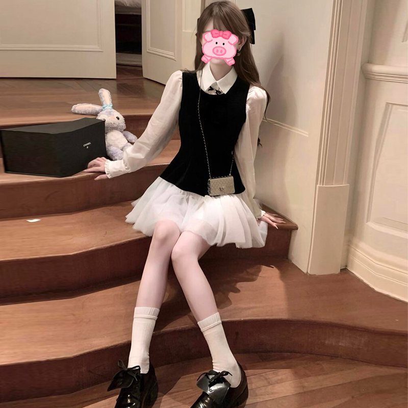 千金风法式连衣裙丝绒拼纱无袖背心裙蝴蝶结衬衫早春穿搭套装裙