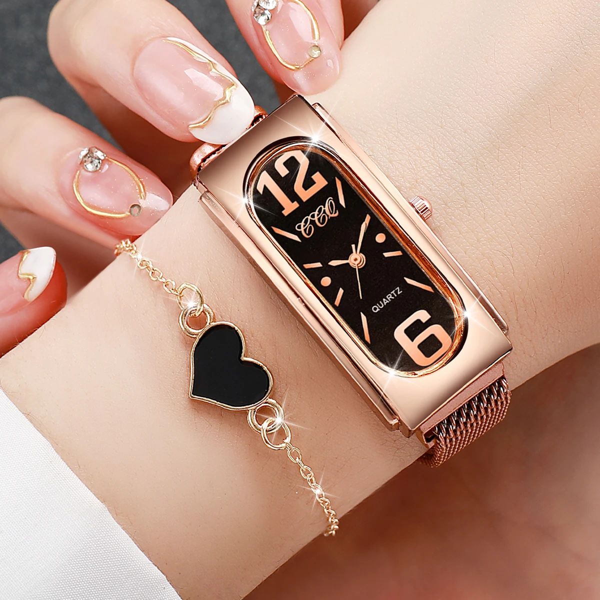 2PCS/Set Fashion Rectangle Women's Quartz Watch Magnet Buckl